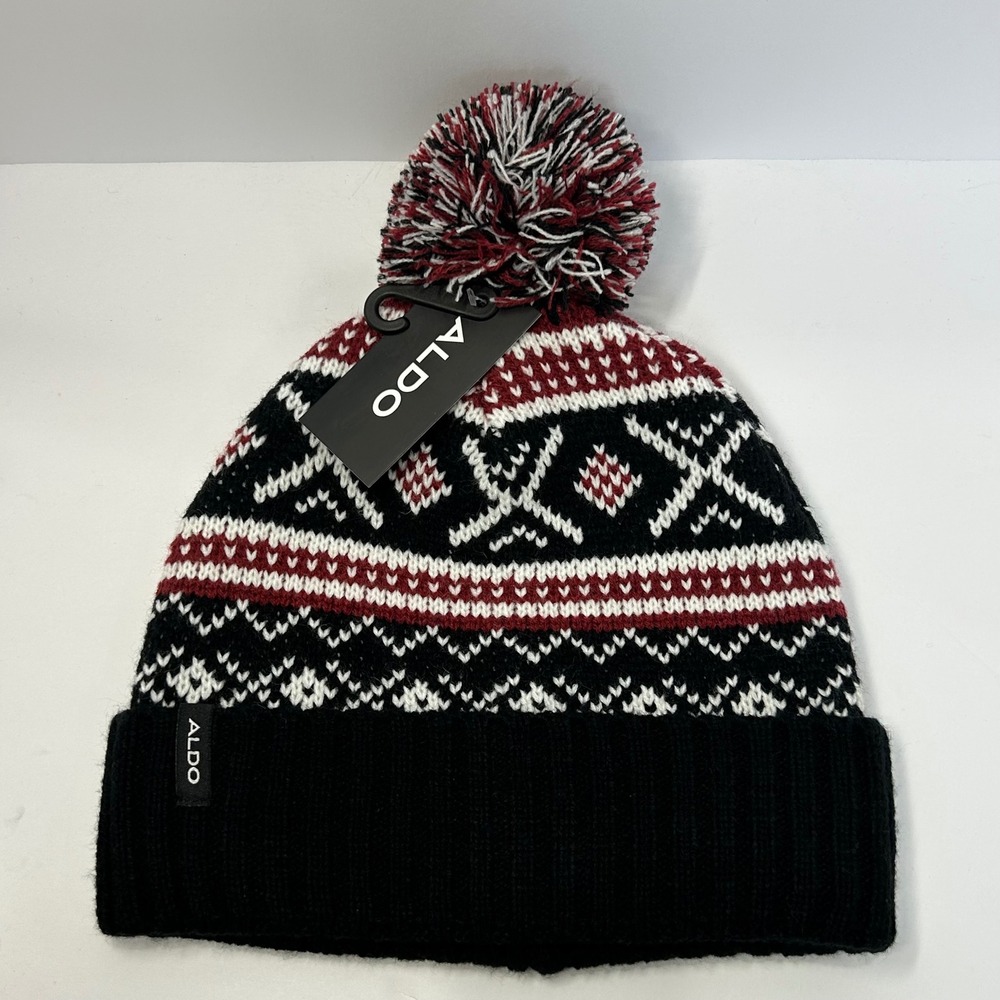 Aldo Mens Fair Isle Knit Pom Pom Beanie Hat Black Red White One Size NEW